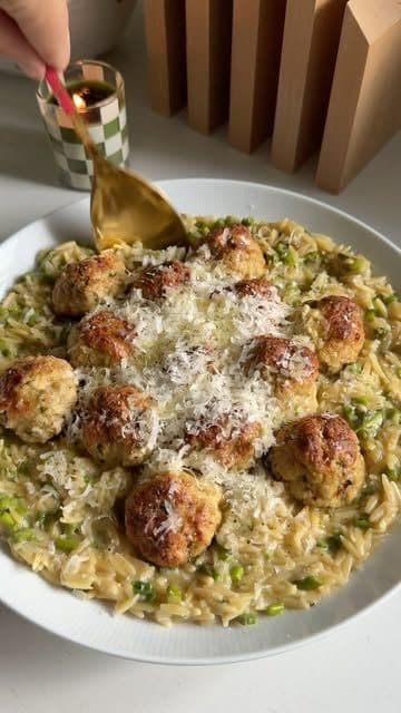 Boursin Chicken Meatballs with One-Pot Cheesy Asparagus Orzo