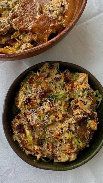 Crispy Smashed Potato Salad with Chilli Crisp Tahini