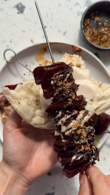 Pomegranate and Harissa Glazed Beetroot Skewers with Miso Lime Hummus